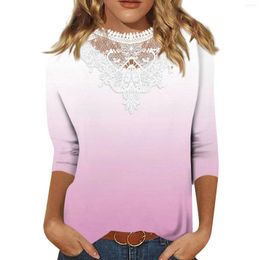 Women's T Shirts 3/4 Length Sleeve Womens Tops Casual Loose Fit Lace V-Neck Cute Print Three Quarter Tunic Fashionable