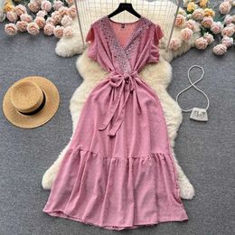 Urban Sexy Dresses YuooMuoo Chic Fashion Lace Patchwork Long Summer Dress Women V-neck Big Swing Vacation Belt Beach Vestidos Chiffon Robe Femme Y240420