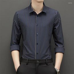 Men's Dress Shirts 2024 Ice Silk Seamless High Elastic Shirt Long-sleeved Nylon Business Casual Iron-free Slim Striped