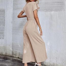 Women's Pants Women Jumpsuit Lightweight Wide-leg Stylish Summer Jumpsuits V-neck Lace-up Romper Wide Leg Streetwear Casual