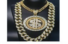 2CM Hip Hop Men Gold Sliver Necklace Ice Out Crystal Miami Dollar Sign Rock Pendant Set Bling Rapper Hip Hop Jewerly For Men4258825