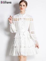 Casual Dresses Runway Women Sexy White Hollow Out Lace Patchwork Mini Single Breasted Long Sleeve Belt Party Dress Vestido Spring Fall