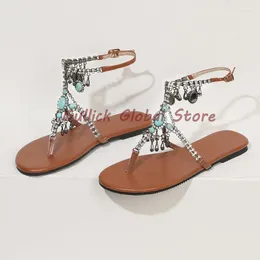 Sandals 2024 Arrival PU Round Toe Narrow Band Pendant Rhinestone Ankle Buckle Summer BeachConcise Comfortable Breathable