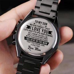 Mom To My Son Automatic Quartz Stainless Steel Engraved Watches Luxury Fashion Men Kids Watch Leather Christmas Presents Wristwatc9031927