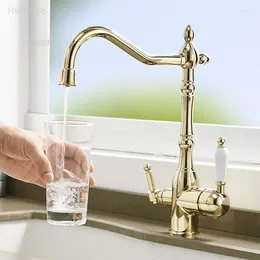 Kitchen Faucets All-copper European Golden Home Water Purifier Direct Drinking Wash Basin Faucet Three-in-one Cold Tap