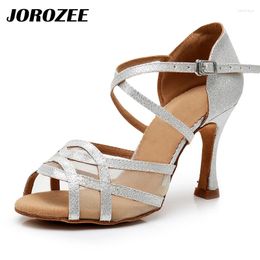 Dance Shoes JOROZEE Latin Women Silver Giltter Party Wedding Salsa Ballroom Dancing With Net Flash High Heel 7.5cm Soft