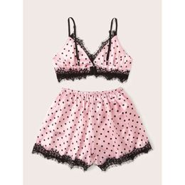 Hot Selling Sexy Lingerie for Women with Pink Polka Dot Lace Pyjamas