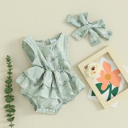 Rompers Sleeveless Infant Baby Girls Summer Romper Dress Kids Princess Floral Print Cotton Bodysuit With Headband 2Pcs Born