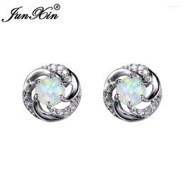 Stud Earrings JUNXIN 2024 Fashion Female White Round Fire Opal Earring Silver Color Jewelry Double For Women