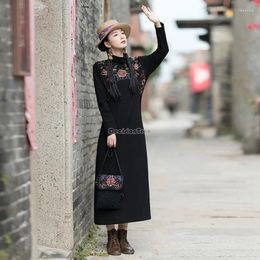 Ethnic Clothing 2024 Chinese Style Autumn And Winter High-neck Long-sleeved Embroidered Long Dress Women National Retro T001