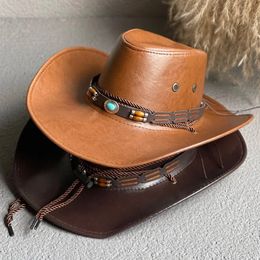 Faux Leather Western Cowboy Hat for Women Men Outdoor Sun Protection Hat Vintage Gentleman Dress Hat Panama Cowgirl Jazz Cap 240412