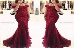 Junoesque Burgundy Lace Mermaid Prom Dresses Appliques Off the Shoulder Beaded Sequins Long Prom Gowns Evening Dresses Cheap Wear 4373810