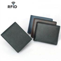 Wallets Bisi Goro Leather Men's Card Holder Carbon Fibre Antitheft Brush Wallet Male Fold RFID Blocking MultiFunctional Money Card Bag