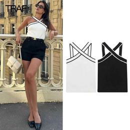 Women's Tanks Camis TRAF 2023 Womens Shoulder Strap Knitted Top Womens Black and White Knitted Top Summer Strap Free Tank Top Y240420