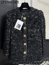 Women's Jackets SPENNEOOY Fashion Runway Autumn Black Colour Straight Barrel O-Neck Sequins Weave Pockets Long Sleeve