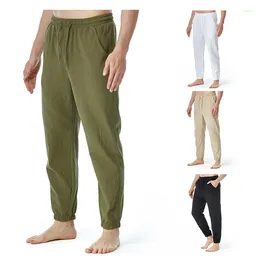 Men's Pants European And American Long Solid Color Cotton Linen Drawstring Elastic Waist Casual Jogging Yoga