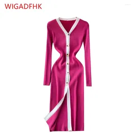 Casual Dresses 2024 Fall Chic And Elegant V-neck Knit Dress Women's Long Sleeve Slim Sweater Single-breasted Colorblock Vestidos