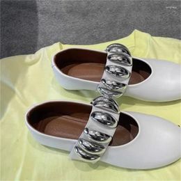 Casual Shoes Metal For Women Round Toes Flat Heels Shallow Ladies Sewing Lines Female PU Leather Zapatos Front Strap Chassure Femme