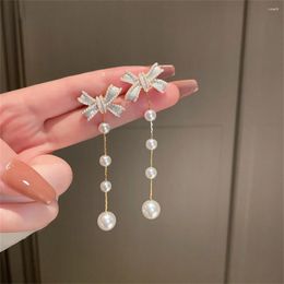Dangle Earrings Elegant White Flower Pearl For Women Korean Fashion Crystal Simulated Pearls Bow Tassel Brincos Jewelry