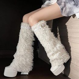 Boots Plus Size 46 Big Leg Fit Fluffy Fur Overlay Shoes Women High Block Heels Knee Platform Furry Folded Over Long Booties