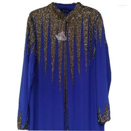 Ethnic Clothing Women Kaftan Dubai Eid Ladies Abaya Blue Chiffon Beaded Decoration Kimono Farasha Maxi