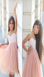 2019 Sweetheart ALine Flower Girl Dresses with Pearls Tulle Knee Length Girls Pageant Dress First Communion Dresses Children Gown7272386