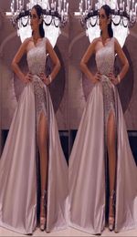 Sparkly Rose Gold Sequined One Shoulder Prom Dresses Luxury High Side Split Evening Gown With Detachable Train Long Formal Party G8361462