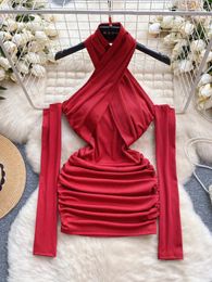 Casual Dresses Foamlina Red Dress For Women Fashion Spring Summer Sexy Criss Cross Halter Neck Cold Shoulder Long Sleeve Ruched Bodycon