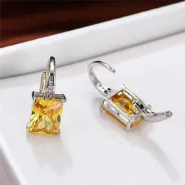 Backs Earrings Multicolor Crystal Small Vintage Silver Colour Wedding Clip Yellow Zircon Square Stone Jewellery For Women