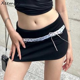 Skirts Xmilo Fashion Lace Spliced Black Dress Y2K Bow Lace High Waist Hip Skirts 2023 Summer Short Vacation Tight Dress Y240420