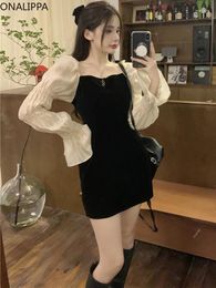 Casual Dresses Onalippa Contrast Patchwork Black Mini Dress Puff Long Sleeves Square Collar Velvet French Style Loose A Line Vestidos