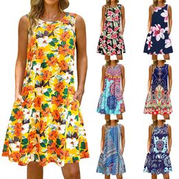S-5Xl Colourful Printed O Neck Long Dress Casual Bohemian Sleeveless Ladies Summer Beach Sundress Travel Pocket Shirt Party Gowns240416