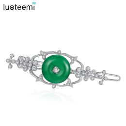 Rings Luoteemi Green Jade Color Vintage Hair Pins Cubic Zirconia Bridal Wedding Hair Clip Elegant Women Cz Hair Accessories