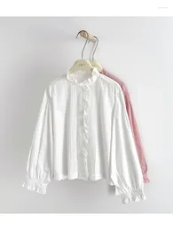 Women's Blouses Lamtrip Unique Sweet Ruffles Kawaii Pleated Folds Mori White Cotton Long Sleeve Lolita Shirt Blouse 2024 Summer