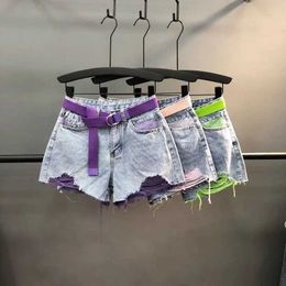 Kvinnors shorts kvinnor sommar tunt sexigt hål denim shorts grn färg kontrast damer trendiga lösa höga midja rippade jeans heta byxor strt slitage y240420