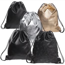 Bags Solid Colour PU Leather Fashion Women's Drawstring Bags Travel Shoulders Backpack Girl Coin Key Bunch Pocket Cosmetic Gift Bag