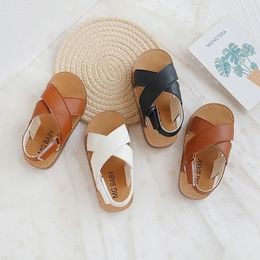 Unishuni Toddler Girls Boys Leather Sandals Infant Children 's Shoes Kids Summer Beach Basic CrossTied Strappy Sandal 2023 240408