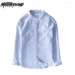 Men's Casual Shirts Stand Collar Cotton Linen Long Sleeves Male Spring Summer Beach Breathable Tops Daily Causal Striped Shirt Simple