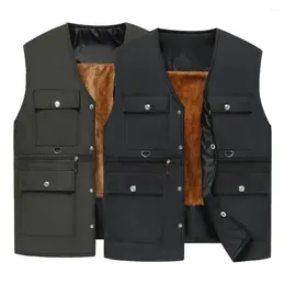 Men's Vests Men Solid Color Vest Winter With Plush Lining Zipper Closure Multiple Pockets Stylish Mid-aged Father For Fall