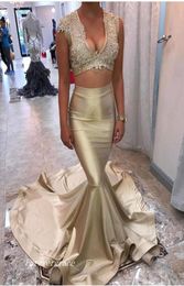 V Neck Champagne Gold Two Piece Mermaid Long Prom Dress Beaded Lace Satin Women Formal Evening Party Gown Custom Made Plus Size8874841