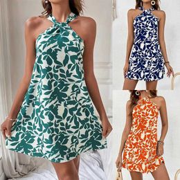 Urban Sexy Dresses 2024 Summer Womens Dress SKinny Sexy Backless SLeeveless ruffled hanging dress floral prints Button Embellished Female Vestidos Y240420