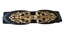 Women Metallic Retro Flower Elastic Stretchy Dress Narrow Waist Belt Band Black4900822