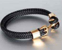 Man Titanium Steel Bracelets Golden Anchor Clasp Cowhide Braided Wrap Trendy Bracelet Armband pulsera hombre Rope Chain Gift