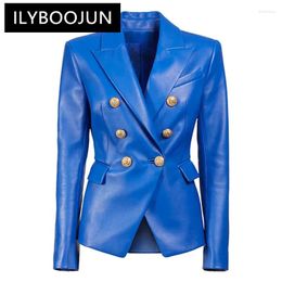 Women's Suits S-3XL High Quality Fashion PU Leather Fabric Double Breasted Long Sleeve Slim Fit Commuter Suit Coat Blazer