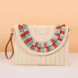 Summer Women Straw beach Bags Vintage Handmade Woven Wallet Casual Beach Vacation Shoulder Bag Female colorful Tassels Crossbody Bag new design straw Clutch purse