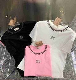 Women's T-Shirt Miumiuss Summer Tshirt for Women Clothing Letter Embroidery Beads O-neck Short-slve T-shirt Femme Loose Casual Crop Top 100% Cotton T Y240420