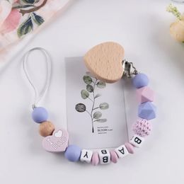 Personalised Name Baby Pacifier Clips Chains Heart Beech Silicone Beads Teethers Dummy Nipple Holder Clip born Teething Toys 240418