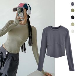 Women's T Shirts Chic Fishbone Patch High Round Neck Chest Line Solid Color Basic Long Sleeve T-shirt Slim Fit Slimming And Short Sexy Top