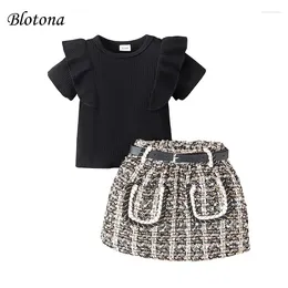 Clothing Sets Blotona Kids Girls Summer 2 Piece Outfits Black Flying Sleeve Ribbed Tops Belted Plaid Skirt Set 6Months-5Years