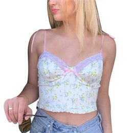 Women's Tanks Camis Sexy Girls Shirt Summer V-Neck Close Fitting Vest Womens Swt Lace Patchwork Floral Print Slveless Backless Top T Shirt Y240420